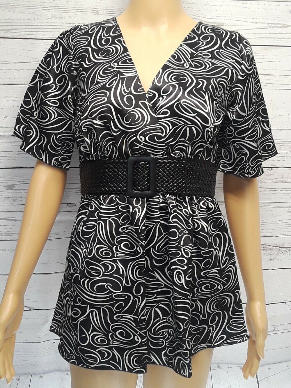 Siren Lily Blouse Top White black Braided Front faux Belt womans Sz S Y2K